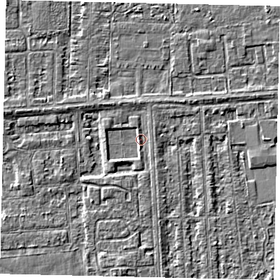 Shaded relief map of the ground around HU46XA, computed from Environment Agency LiDAR. The ground here sits at about 2 m above sea level and falls 3 m across the surrounding 800 m. Surface water reaching this point runs off ground lying to the north, 1.8 m higher.