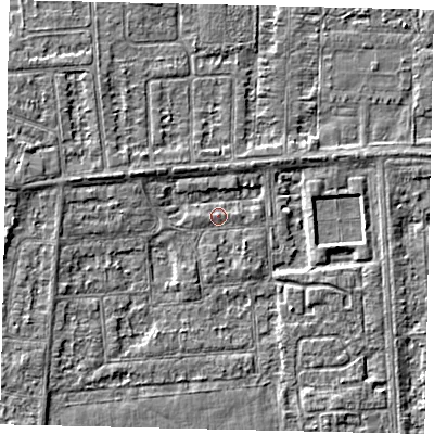 Shaded relief map of the ground around HU46XE, computed from Environment Agency LiDAR. The ground here sits at about 2 m above sea level and falls 3 m across the surrounding 800 m. Surface water reaching this point runs off ground lying to the south-east, 1.3 m higher.