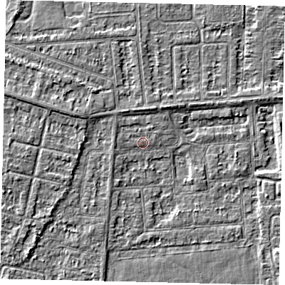 Shaded relief map of the ground around HU46XL, computed from Environment Agency LiDAR. The ground here sits at about 2 m above sea level and falls 3 m across the surrounding 800 m. Surface water reaching this point runs off ground lying to the north-north-east, 1.5 m higher.
