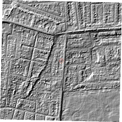 Shaded relief map of the ground around HU46XP, computed from Environment Agency LiDAR. The ground here sits at about 3 m above sea level and falls 3 m across the surrounding 800 m. Surface water reaching this point runs off ground lying to the north-north-east, 1.1 m higher.