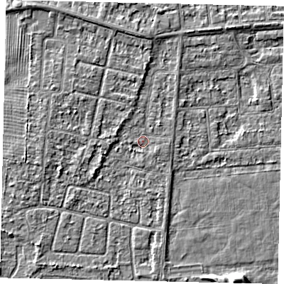 Shaded relief map of the ground around HU46XR, computed from Environment Agency LiDAR. The ground here sits at about 3 m above sea level and falls 5 m across the surrounding 800 m. Surface water reaching this point runs off ground lying to the north, 2.0 m higher.