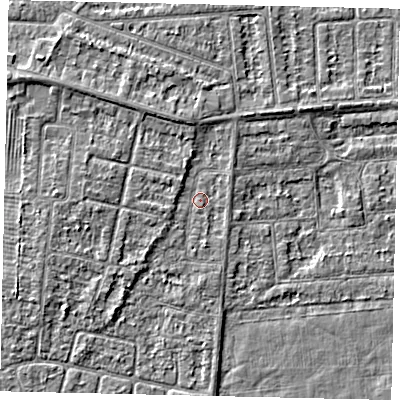 Shaded relief map of the ground around HU46XS, computed from Environment Agency LiDAR. The ground here sits at about 3 m above sea level and falls 3 m across the surrounding 800 m. Surface water reaching this point runs off ground lying to the north, 1.7 m higher.
