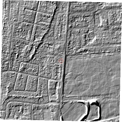 Shaded relief map of the ground around HU46XT, computed from Environment Agency LiDAR. The ground here sits at about 2 m above sea level and falls 5 m across the surrounding 800 m. Surface water reaching this point runs off ground lying to the south, 0.6 m higher.