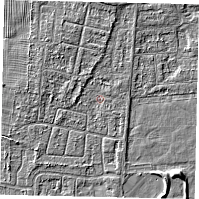 Shaded relief map of the ground around HU46XU, computed from Environment Agency LiDAR. The ground here sits at about 2 m above sea level and falls 5 m across the surrounding 800 m. Surface water reaching this point runs off ground lying to the north, 2.0 m higher.