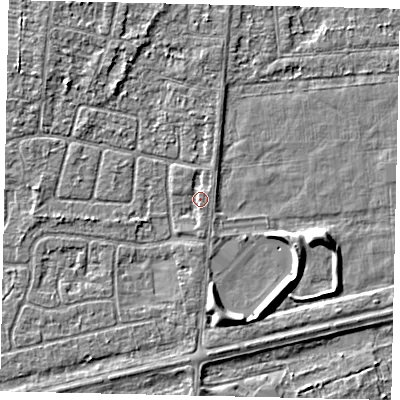 Shaded relief map of the ground around HU46XX, computed from Environment Agency LiDAR. The ground here sits at about 3 m above sea level and falls 5 m across the surrounding 800 m. Surface water reaching this point runs off ground lying to the south, 1.1 m higher.