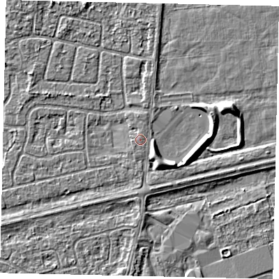 Shaded relief map of the ground around HU46XY, computed from Environment Agency LiDAR. The ground here sits at about 3 m above sea level and falls 5 m across the surrounding 800 m. The ground contributing surface water to this point lies to the south-west.