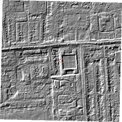 Shaded relief map of the ground around HU46XZ, computed from Environment Agency LiDAR. The ground here sits at about 2 m above sea level and falls 3 m across the surrounding 800 m. Surface water reaching this point runs off ground lying to the west-north-west, 2.4 m higher.