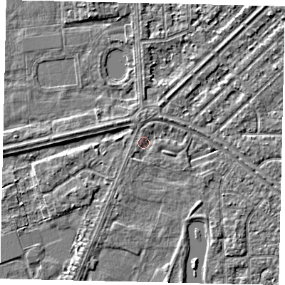 Shaded relief map of the ground around HU47AA, computed from Environment Agency LiDAR. The ground here sits at about 2 m above sea level and falls 2 m across the surrounding 800 m. Surface water reaching this point runs off ground lying to the south-east, 1.6 m higher.