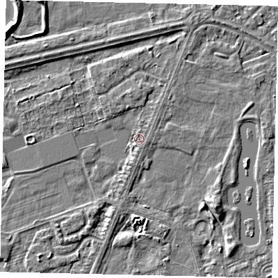 Shaded relief map of the ground around HU47AB, computed from Environment Agency LiDAR. The ground here sits at about 2 m above sea level and falls 4 m across the surrounding 800 m. Surface water reaching this point runs off ground lying to the south-south-west, 1.6 m higher.