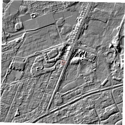 Shaded relief map of the ground around HU47AD, computed from Environment Agency LiDAR. The ground here sits at about 2 m above sea level and falls 4 m across the surrounding 800 m. Surface water reaching this point runs off ground lying to the west-south-west, 1.4 m higher.