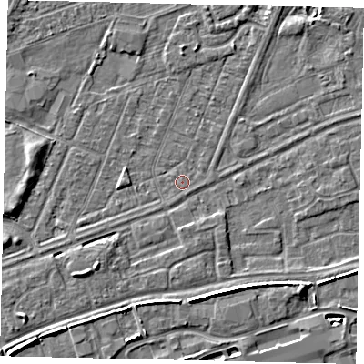 Shaded relief map of the ground around HU47AG, computed from Environment Agency LiDAR. The ground here sits at about 3 m above sea level and falls 6 m across the surrounding 800 m. The ground contributing surface water to this point lies to the south.
