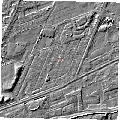 Shaded relief map of the ground around HU47AH, computed from Environment Agency LiDAR. The ground here sits at about 2 m above sea level and falls 6 m across the surrounding 800 m. Surface water reaching this point runs off ground lying to the south-west, 1.4 m higher.