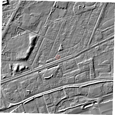 Shaded relief map of the ground around HU47AL, computed from Environment Agency LiDAR. The ground here sits at about 3 m above sea level and falls 6 m across the surrounding 800 m. Surface water reaching this point runs off ground lying to the north, 1.1 m higher.
