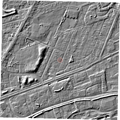 Shaded relief map of the ground around HU47AN, computed from Environment Agency LiDAR. The ground here sits at about 2 m above sea level and falls 6 m across the surrounding 800 m. Surface water reaching this point runs off ground lying to the east-south-east, 1.3 m higher.