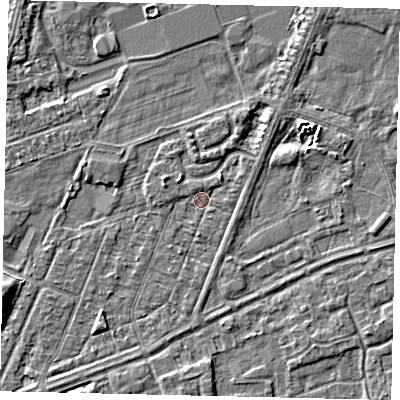 Shaded relief map of the ground around HU47AU, computed from Environment Agency LiDAR. The ground here sits at about 2 m above sea level and falls 3 m across the surrounding 800 m. Surface water reaching this point runs off ground lying to the west-north-west, 1.3 m higher.