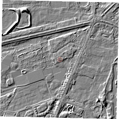 Shaded relief map of the ground around HU47AZ, computed from Environment Agency LiDAR. The ground here sits at about 3 m above sea level and falls 5 m across the surrounding 800 m. The ground contributing surface water to this point lies to the north-west.