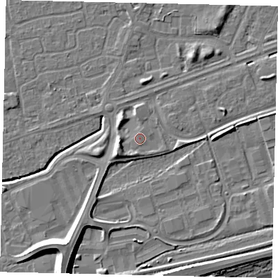 Shaded relief map of the ground around HU47BB, computed from Environment Agency LiDAR. The ground here sits at about 4 m above sea level and falls 10 m across the surrounding 800 m. Surface water reaching this point runs off ground lying to the south, 1.5 m higher.