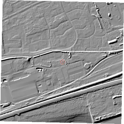 Shaded relief map of the ground around HU47BL, computed from Environment Agency LiDAR. The ground here sits at about 4 m above sea level and falls 10 m across the surrounding 800 m. Surface water reaching this point runs off ground lying to the north-east, 2.8 m higher.