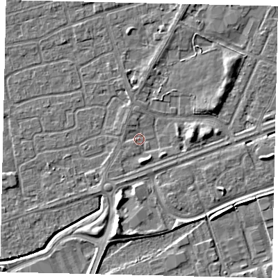 Shaded relief map of the ground around HU47BP, computed from Environment Agency LiDAR. The ground here sits at about 3 m above sea level and falls 6 m across the surrounding 800 m. Surface water reaching this point runs off ground lying to the east, 3.2 m higher.