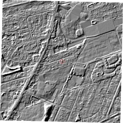 Shaded relief map of the ground around HU47BX, computed from Environment Agency LiDAR. The ground here sits at about 3 m above sea level and falls 3 m across the surrounding 800 m. Surface water reaching this point runs off ground lying to the west, 1.0 m higher.