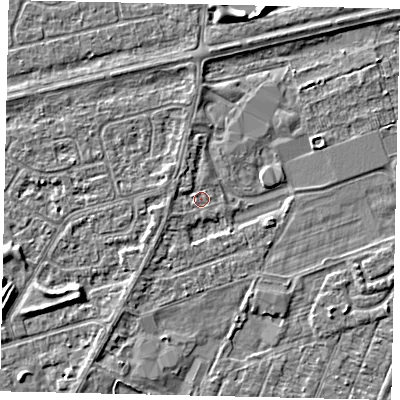 Shaded relief map of the ground around HU47DA, computed from Environment Agency LiDAR. The ground here sits at about 2 m above sea level and falls 4 m across the surrounding 800 m. Surface water reaching this point runs off ground lying to the west, 1.2 m higher.