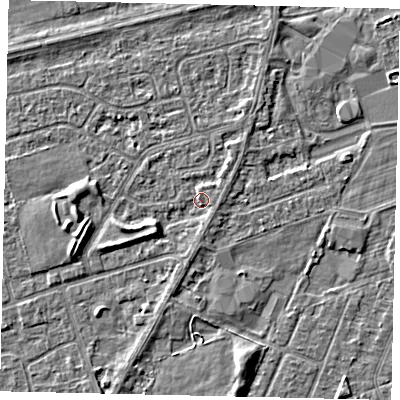 Shaded relief map of the ground around HU47DB, computed from Environment Agency LiDAR. The ground here sits at about 3 m above sea level and falls 4 m across the surrounding 800 m. Surface water reaching this point runs off ground lying to the west-south-west, 2.8 m higher.