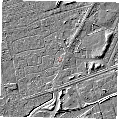 Shaded relief map of the ground around HU47DE, computed from Environment Agency LiDAR. The ground here sits at about 3 m above sea level and falls 6 m across the surrounding 800 m. Surface water reaching this point runs off ground lying to the south, 1.5 m higher.