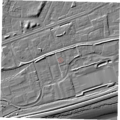 Shaded relief map of the ground around HU47DF, computed from Environment Agency LiDAR. The ground here sits at about 4 m above sea level and falls 11 m across the surrounding 800 m. Surface water reaching this point runs off ground lying to the south, 0.6 m higher.