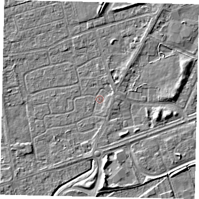 Shaded relief map of the ground around HU47DS, computed from Environment Agency LiDAR. The ground here sits at about 3 m above sea level and falls 6 m across the surrounding 800 m. Surface water reaching this point runs off ground lying to the south, 1.5 m higher.