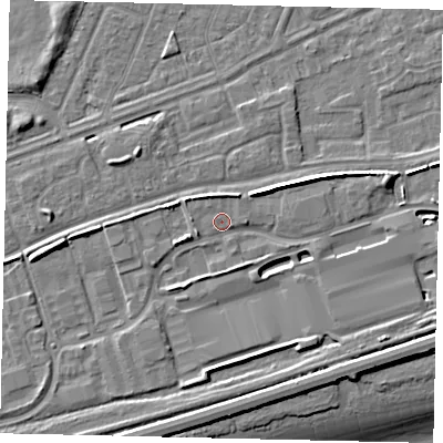 Shaded relief map of the ground around HU47DW, computed from Environment Agency LiDAR. The ground here sits at about 4 m above sea level and falls 10 m across the surrounding 800 m. Surface water reaching this point runs off ground lying to the north-north-east, 1.9 m higher.