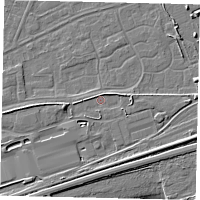 Shaded relief map of the ground around HU47DX, computed from Environment Agency LiDAR. The ground here sits at about 4 m above sea level and falls 7 m across the surrounding 800 m. Surface water reaching this point runs off ground lying to the west, 5.6 m higher.