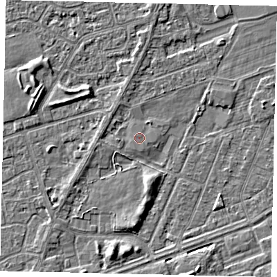 Shaded relief map of the ground around HU47EB, computed from Environment Agency LiDAR. The ground here sits at about 3 m above sea level and falls 4 m across the surrounding 800 m. The ground contributing surface water to this point lies to the east-south-east.
