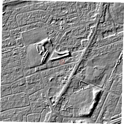 Shaded relief map of the ground around HU47EJ, computed from Environment Agency LiDAR. The ground here sits at about 2 m above sea level and falls 4 m across the surrounding 800 m. Surface water reaching this point runs off ground lying to the west, 2.8 m higher.