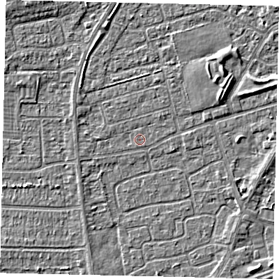 Shaded relief map of the ground around HU47HA, computed from Environment Agency LiDAR. The ground here sits at about 3 m above sea level and falls 3 m across the surrounding 800 m. The ground contributing surface water to this point lies to the south-east.