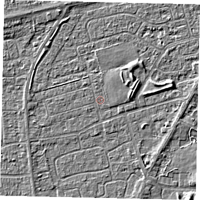 Shaded relief map of the ground around HU47HB, computed from Environment Agency LiDAR. The ground here sits at about 3 m above sea level and falls 3 m across the surrounding 800 m. Surface water reaching this point runs off ground lying to the east, 2.1 m higher.