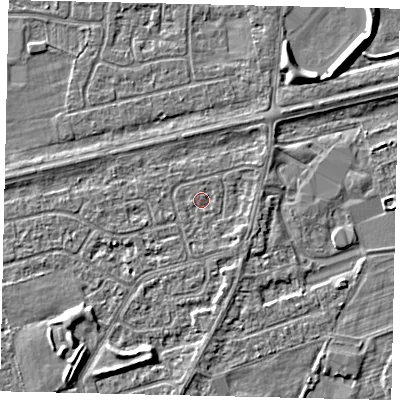 Shaded relief map of the ground around HU47JE, computed from Environment Agency LiDAR. The ground here sits at about 2 m above sea level and falls 4 m across the surrounding 800 m. Surface water reaching this point runs off ground lying to the south-east, 1.1 m higher.