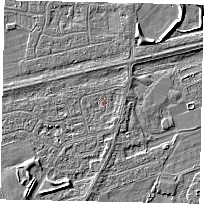 Shaded relief map of the ground around HU47JG, computed from Environment Agency LiDAR. The ground here sits at about 2 m above sea level and falls 4 m across the surrounding 800 m. Surface water reaching this point runs off ground lying to the south-south-east, 1.1 m higher.