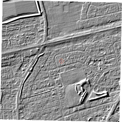 Shaded relief map of the ground around HU47JU, computed from Environment Agency LiDAR. The ground here sits at about 3 m above sea level and falls 3 m across the surrounding 800 m. The ground contributing surface water to this point lies to the south-east.