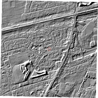 Shaded relief map of the ground around HU47LH, computed from Environment Agency LiDAR. The ground here sits at about 2 m above sea level and falls 4 m across the surrounding 800 m. Surface water reaching this point runs off ground lying to the south-west, 1.1 m higher.