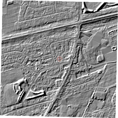 Shaded relief map of the ground around HU47LL, computed from Environment Agency LiDAR. The ground here sits at about 3 m above sea level and falls 4 m across the surrounding 800 m. Surface water reaching this point runs off ground lying to the east, 1.1 m higher.