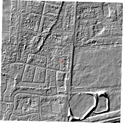 Shaded relief map of the ground around HU47NB, computed from Environment Agency LiDAR. The ground here sits at about 3 m above sea level and falls 5 m across the surrounding 800 m. Surface water reaching this point runs off ground lying to the east-north-east, 0.8 m higher.