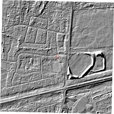 Shaded relief map of the ground around HU47NH, computed from Environment Agency LiDAR. The ground here sits at about 2 m above sea level and falls 5 m across the surrounding 800 m. Surface water reaching this point runs off ground lying to the east, 1.2 m higher.