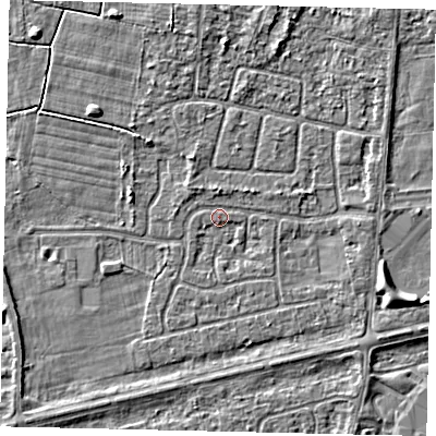 Shaded relief map of the ground around HU47NN, computed from Environment Agency LiDAR. The ground here sits at about 3 m above sea level and falls 3 m across the surrounding 800 m. Surface water reaching this point runs off ground lying to the south, 0.8 m higher.