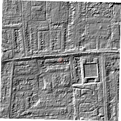 Shaded relief map of the ground around HU47PN, computed from Environment Agency LiDAR. The ground here sits at about 3 m above sea level and falls 3 m across the surrounding 800 m. Surface water reaching this point runs off ground lying to the west, 2.4 m higher.