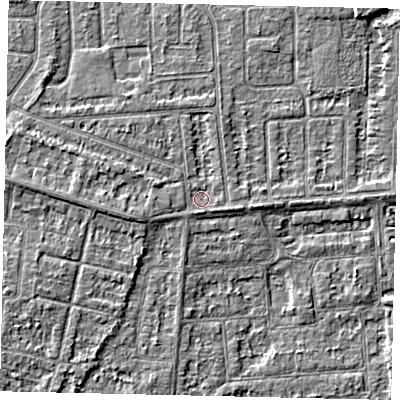 Shaded relief map of the ground around HU47RA, computed from Environment Agency LiDAR. The ground here sits at about 3 m above sea level and falls 3 m across the surrounding 800 m. Surface water reaching this point runs off ground lying to the west, 1.7 m higher.