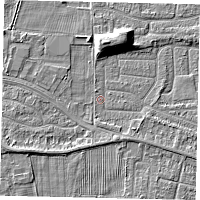 Shaded relief map of the ground around HU47RG, computed from Environment Agency LiDAR. The ground here sits at about 3 m above sea level and falls 9 m across the surrounding 800 m. Surface water reaching this point runs off ground lying to the west-south-west, 2.7 m higher.