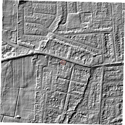 Shaded relief map of the ground around HU47RR, computed from Environment Agency LiDAR. The ground here sits at about 3 m above sea level and falls 3 m across the surrounding 800 m. Surface water reaching this point runs off ground lying to the west-north-west, 1.3 m higher.