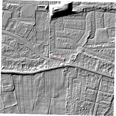Shaded relief map of the ground around HU47RT, computed from Environment Agency LiDAR. The ground here sits at about 4 m above sea level and falls 9 m across the surrounding 800 m. Surface water reaching this point runs off ground lying to the east, 1.3 m higher.