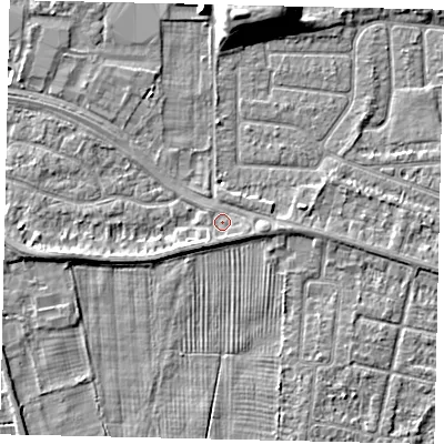 Shaded relief map of the ground around HU47RU, computed from Environment Agency LiDAR. The ground here sits at about 4 m above sea level and falls 9 m across the surrounding 800 m. Surface water reaching this point runs off ground lying to the south, 1.2 m higher.