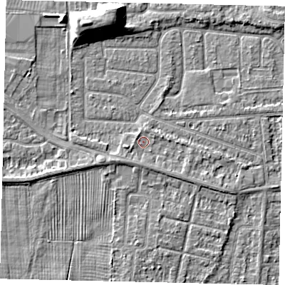 Shaded relief map of the ground around HU47SA, computed from Environment Agency LiDAR. The ground here sits at about 3 m above sea level and falls 9 m across the surrounding 800 m. Surface water reaching this point runs off ground lying to the east-north-east, 1.0 m higher.